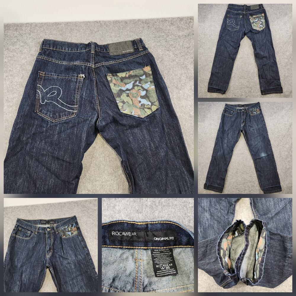 VTG‎ Y2K Rocawear Jeans Mens 36x30 Blue Denim Camo Pocket Streetwear Baggy